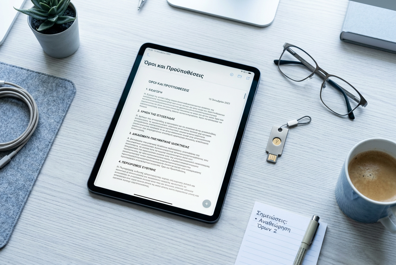 Ένα tablet που εμφανίζει νομικούς όρους και προϋποθέσεις δίπλα σε ένα κλειδί ασφαλείας.