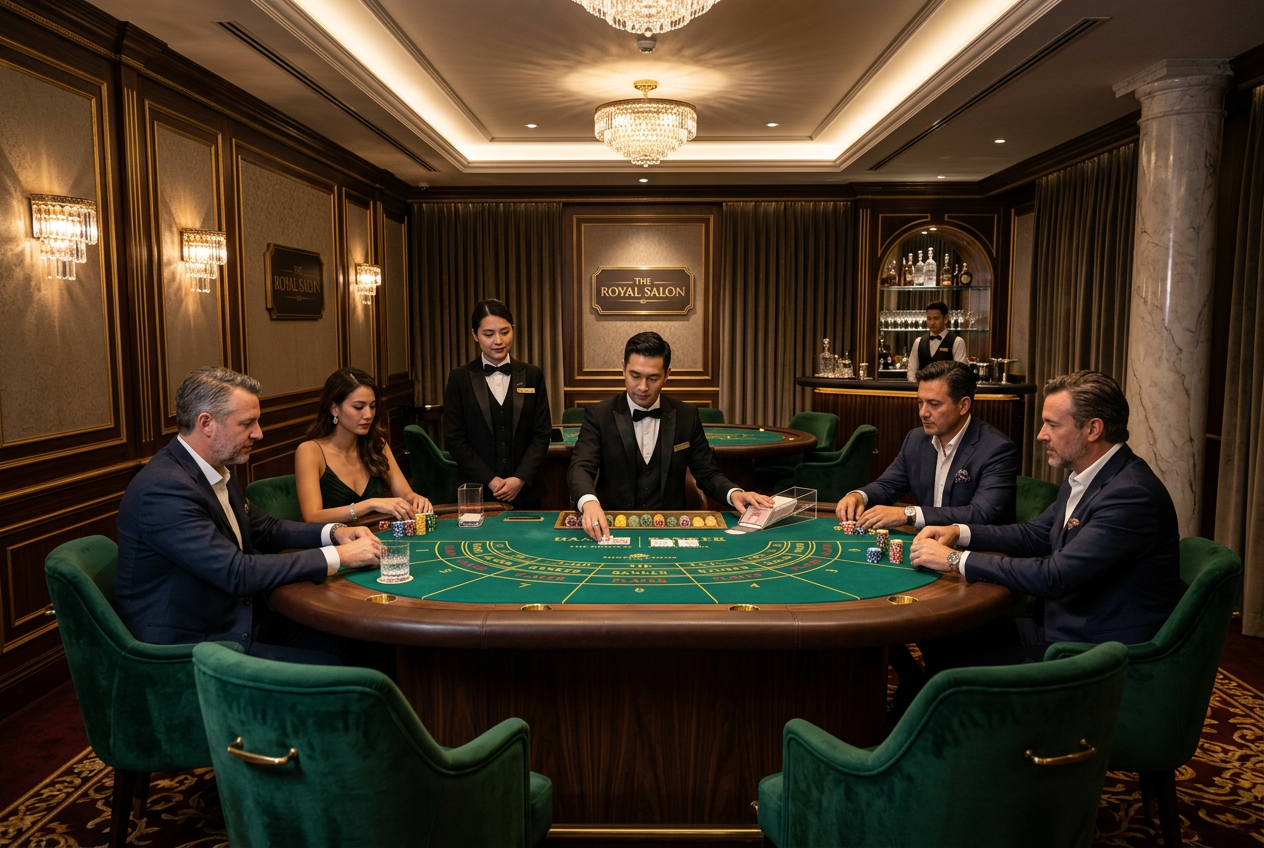 A luxurious VIP baccarat table in an exclusive casino room.
