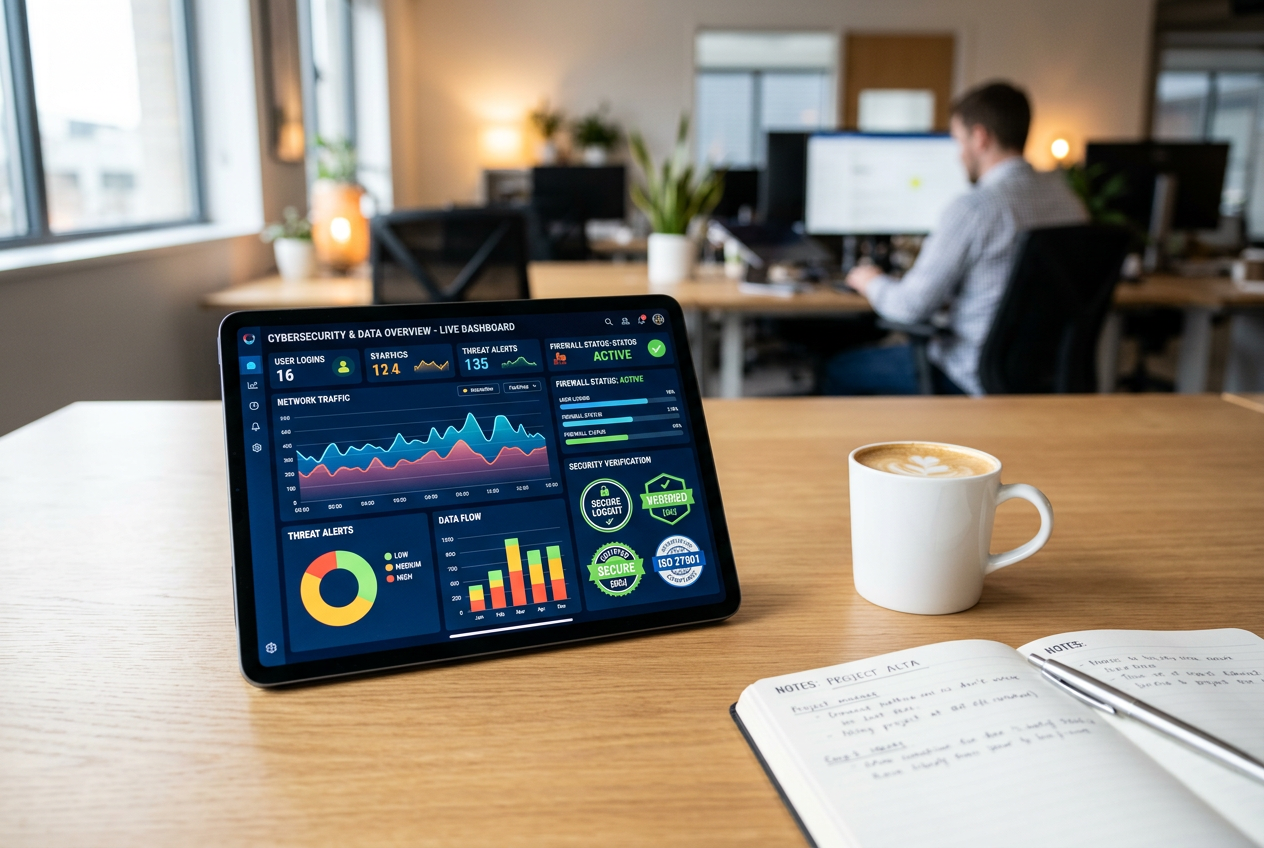 A professional tablet showing analytical data and security icons on a modern desk.