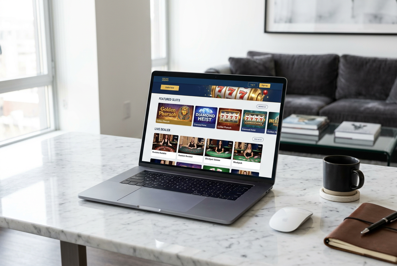A high-end laptop displaying a colorful online casino interface with slot machines.