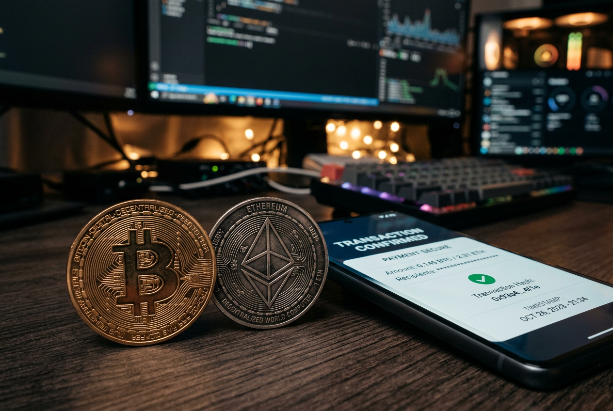 Close-up of physical cryptocurrency coins representing secure digital payments.