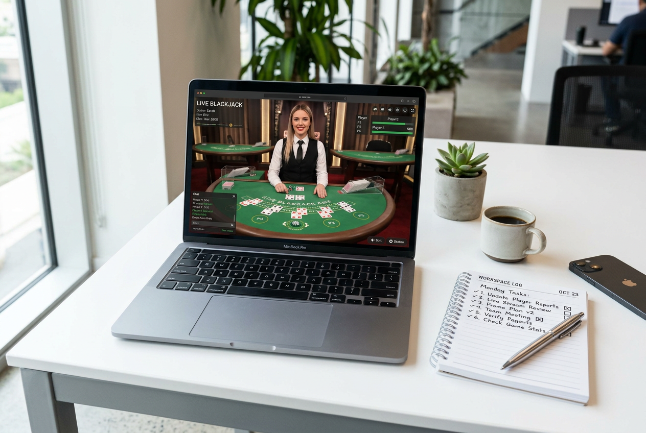 A professional workspace with a laptop showing live casino analytics