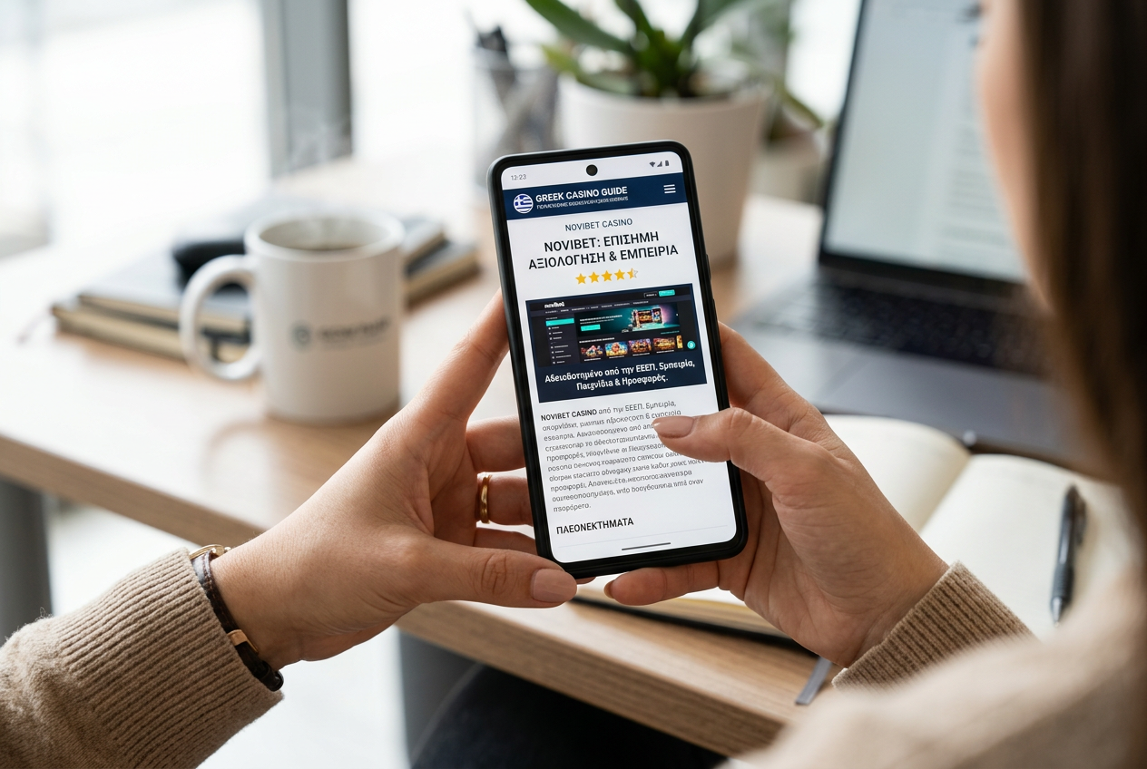 Hands holding a smartphone with a casino review site.