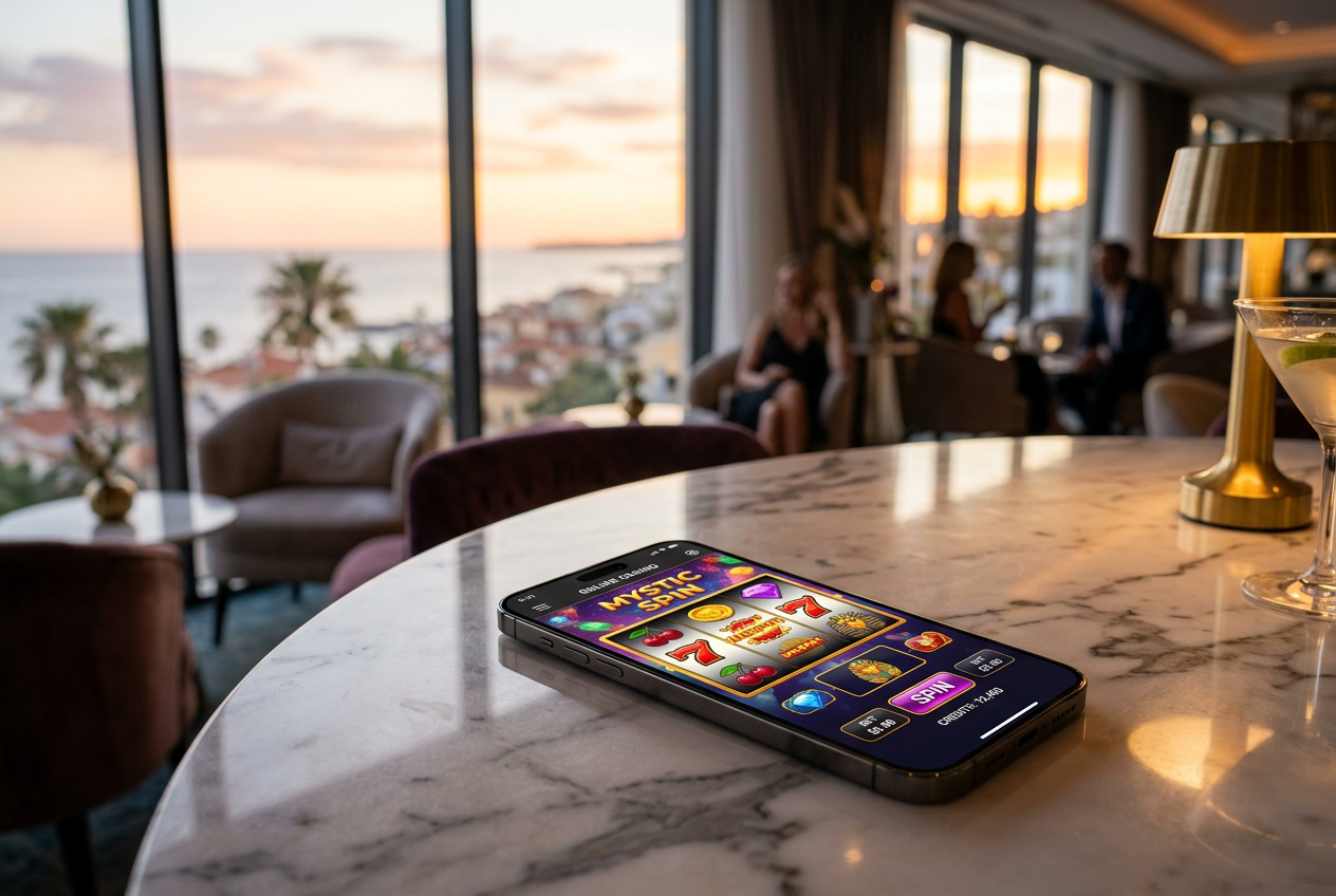 A high-end smartphone on a marble table showing a vibrant online casino interface.