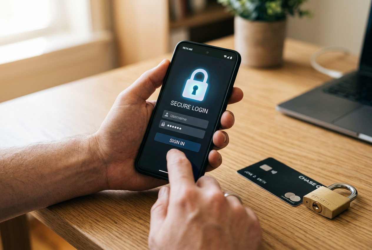 A person using a phone with a security lock icon next to a credit card.