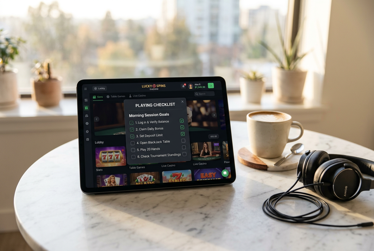 Selection criteria for international online casinos shown on a tablet.